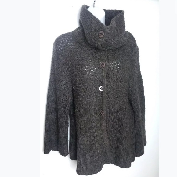 MAGASCHONI Funnel Neck Cardigan Sweater Brown Open Knit Layering Soft - Picture 4 of 9